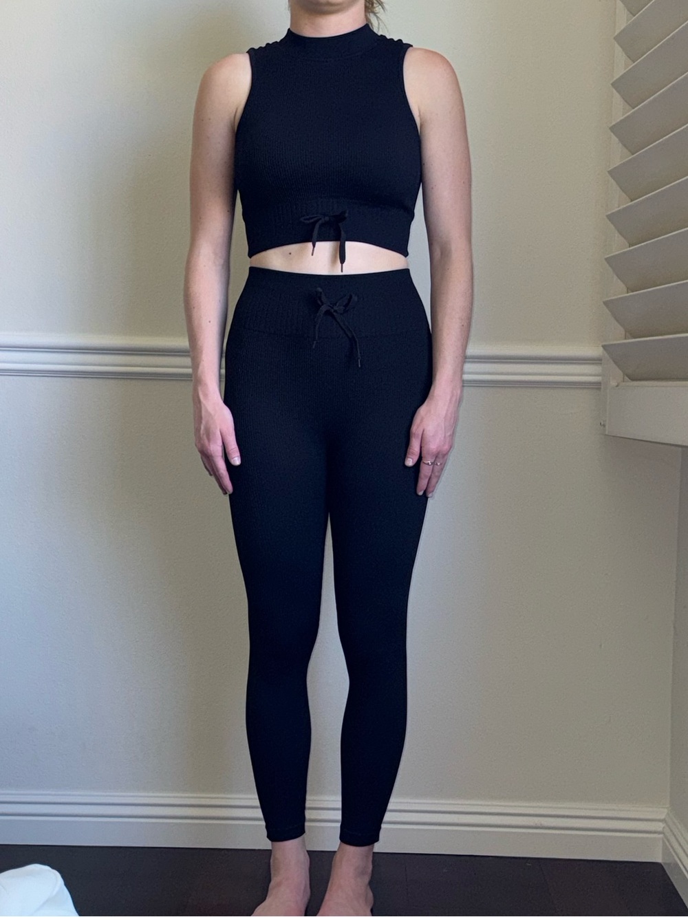 YOGA Women's High-Waist Black Ribbed Leggings with Drawstring and Cropped Tank S